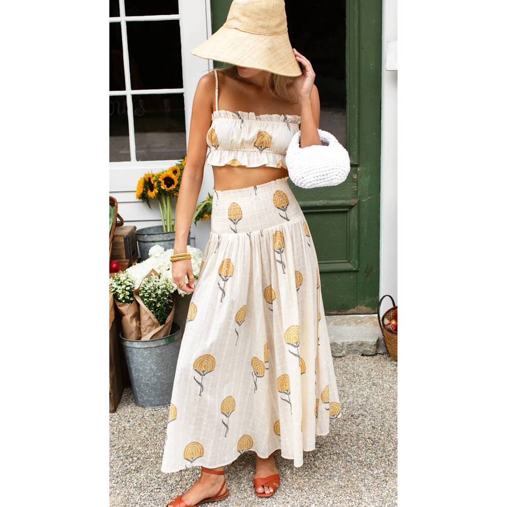 NEW EMERSON FRY vacation smocked maxi skirt in fan flowers marigold